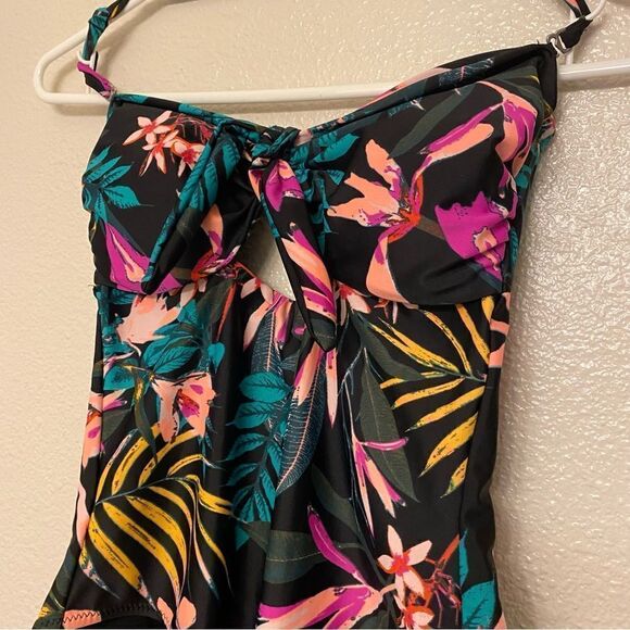 OLD NAVY Womens Swimsuit front tie Cut Out black Tropical One Piece Padded -XS - Picture 2 of 11